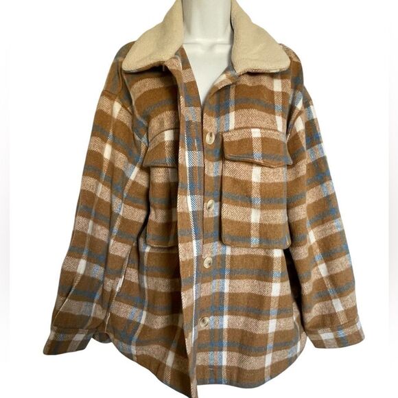 Listicle Tan and Blue Plaid Shacket Size Medium - Picture 1 of 4